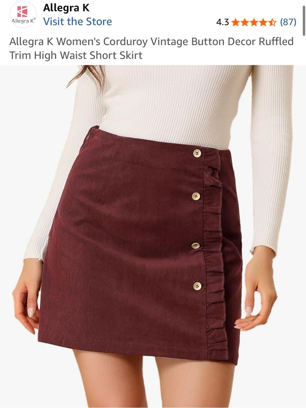 Amazon Allegra K Women's Burgundy Corduroy High Waist Mini Skirt Size M